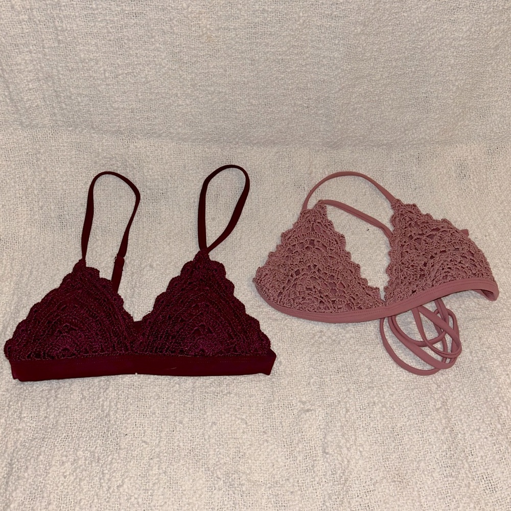 2 Crochet Bikini Tops Burgundy & Mauve S/XS